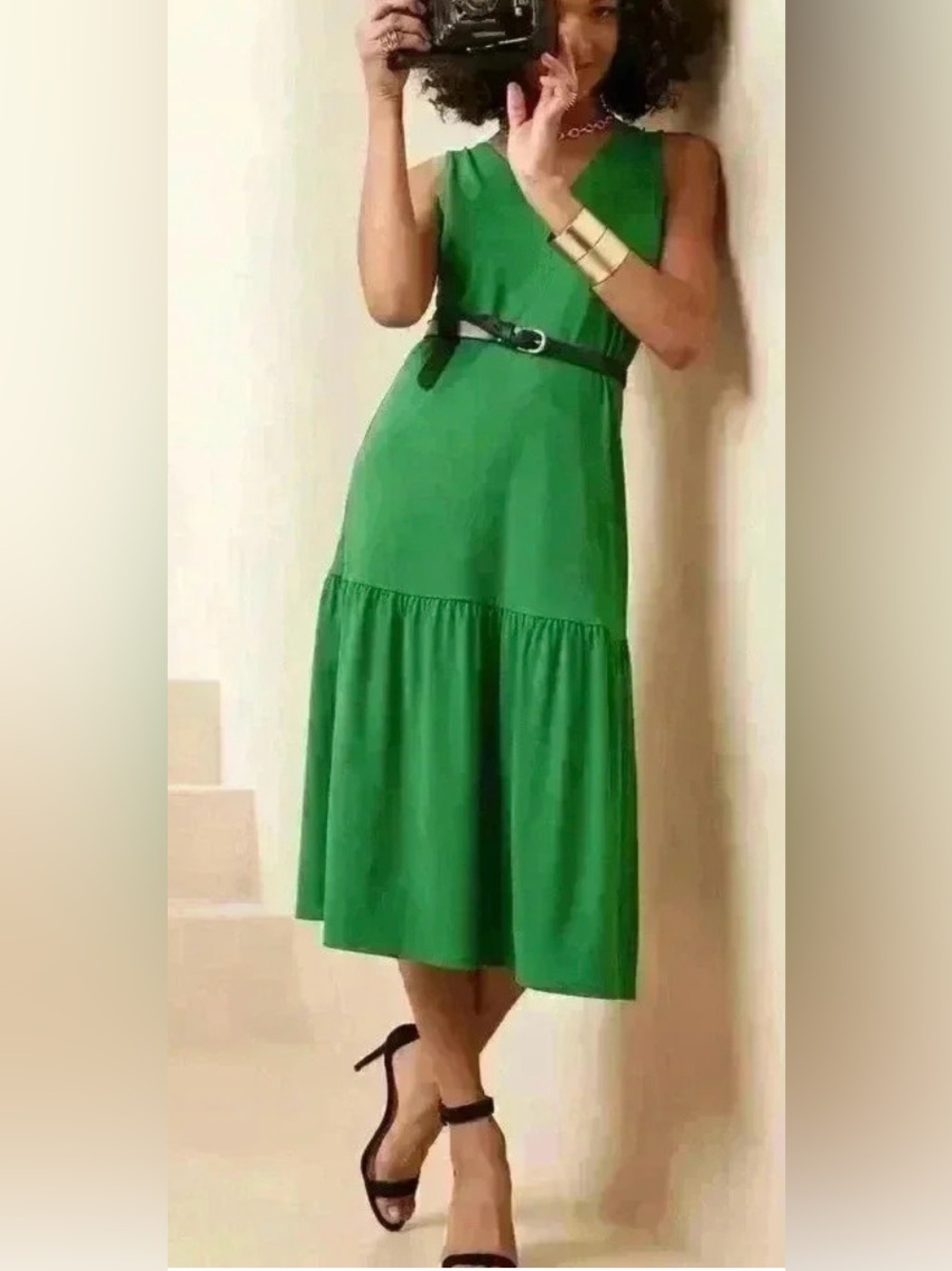 Banana Republic Green V-Neck Tiered Midi Dress Fabric Belt.